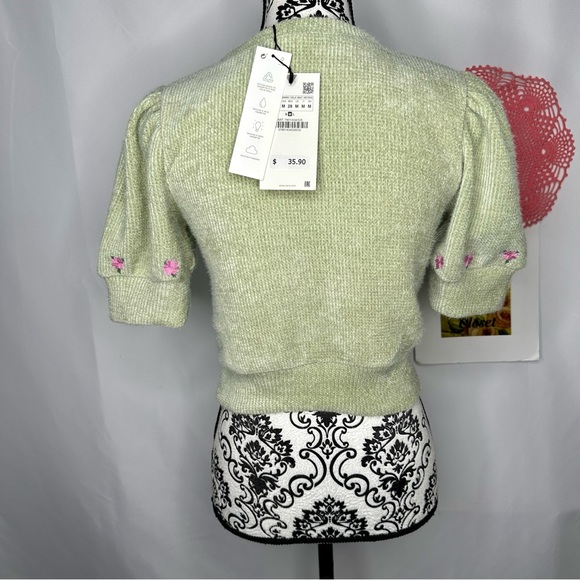 Zara Puff Sleeve embroidered Mint Green Sweater Medium - Picture 8 of 12